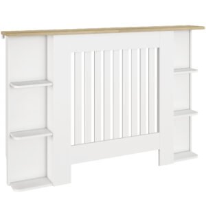 HOMCOM Radiator Cover with Open Storage Shelves, Vertical Slatted Cabinet Shelf Heater Cover for Living Room, Hallway, Medium, White