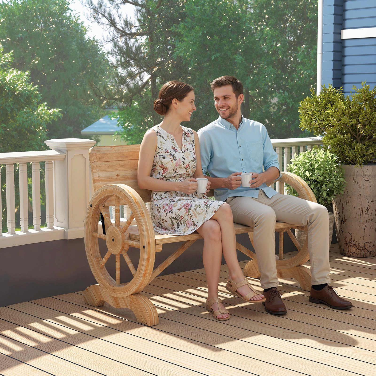 Outsunny Fir Wood 2-Seater Outdoor Garden Wagon Wheel Bench, Natural Wood Finish - Image 8