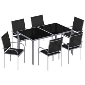 Outsunny 7 Piece Outdoor Garden Dining Set with Table and 6 Stackable Chairs, Steel Frame, Tempered Glass Top, Mesh Seats, Black