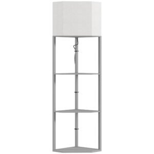 HOMCOM Corner Floor Lamp with Shelves, Tall Standing Lamps for Living Room, with Pull Chain Switch Bulb not Included, Grey