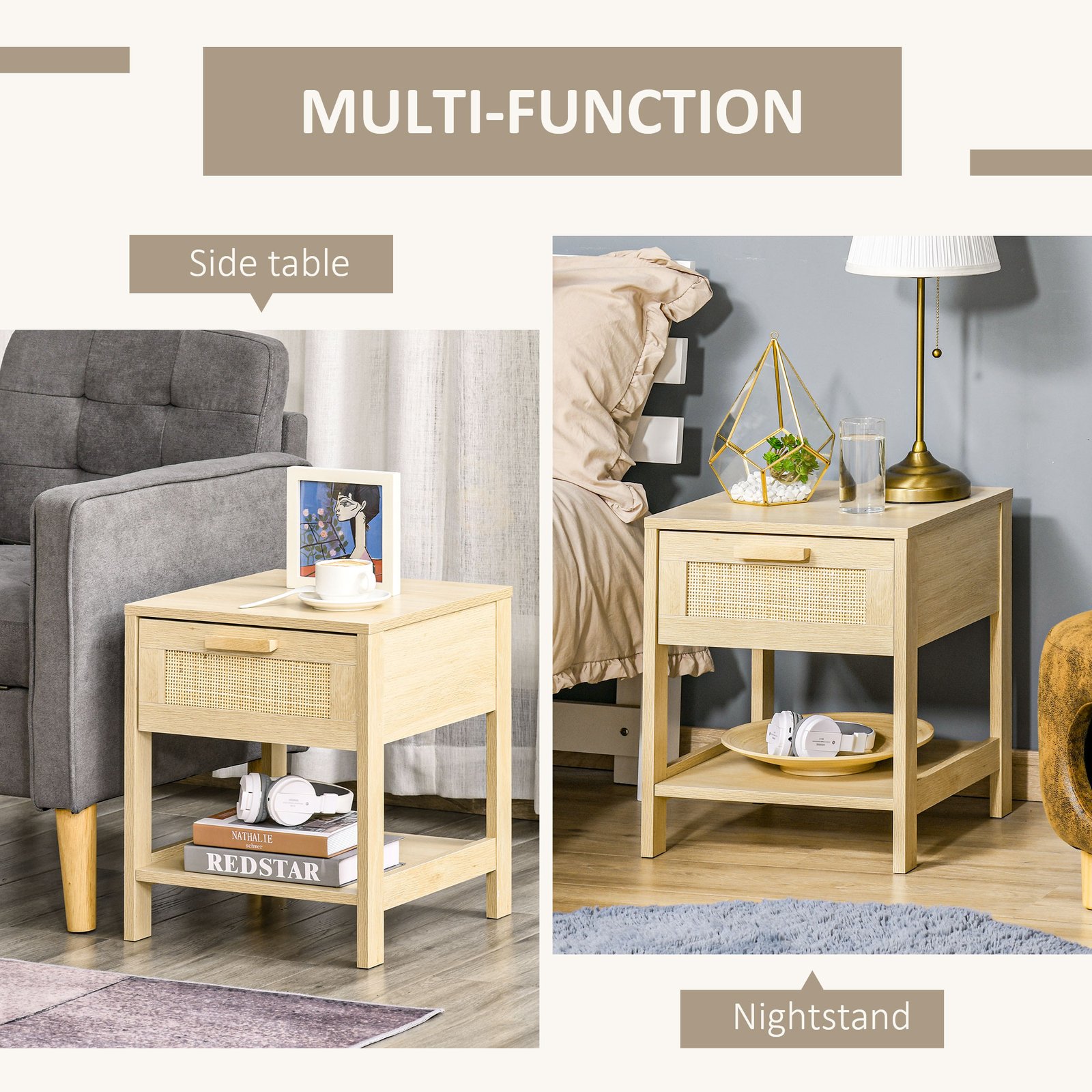 HOMCOM Bedside Table, Nightstand with Rattan Drawer and Storage Open Shelf, Farmhouse Side Table for Bedroom, Living Room, Set of 2 - Image 7