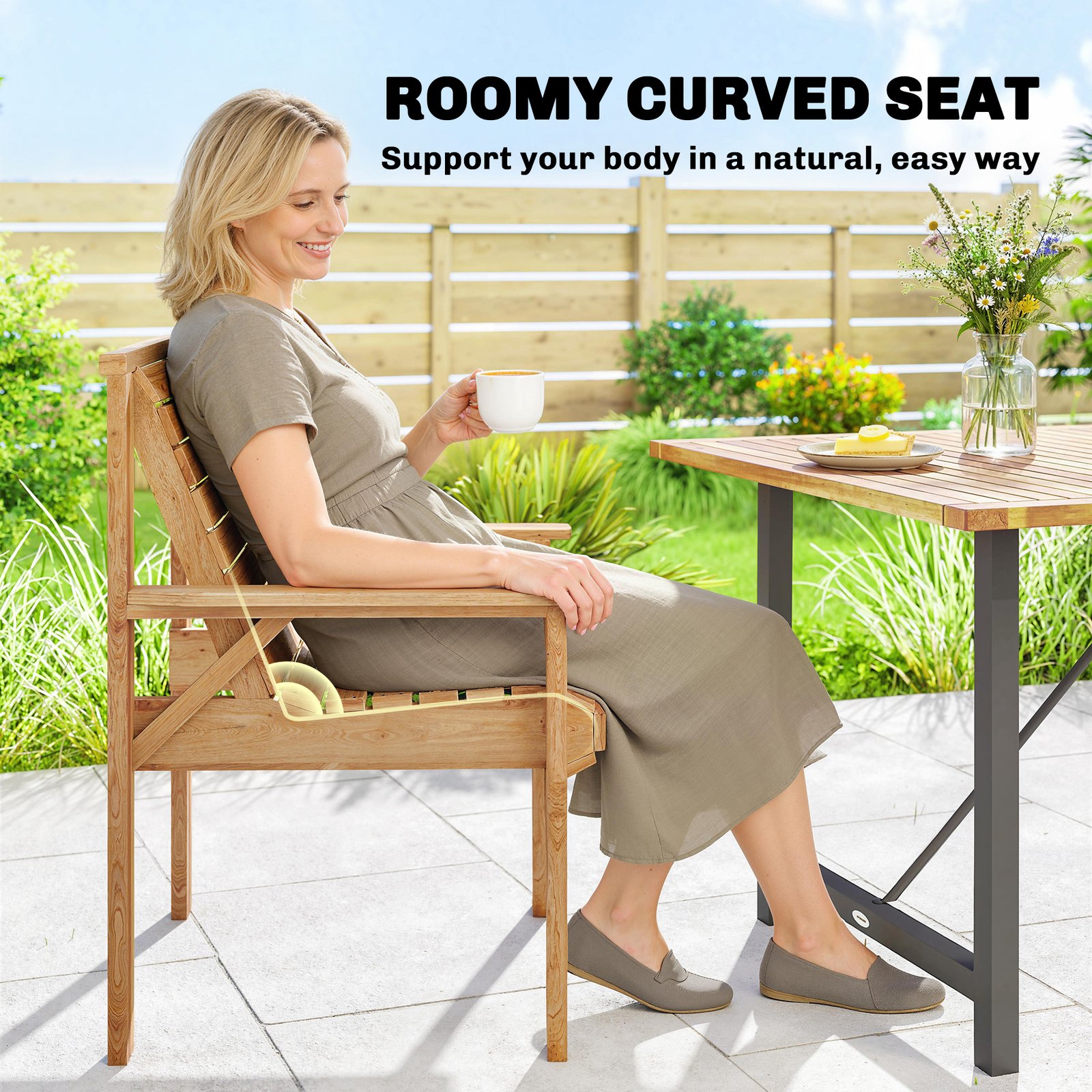 Outsunny Wooden Garden Dining Chair, Outdoor Chair Garden Armchair with Curved Seat and Wide Armrests, Natural Wood Finish - Image 4