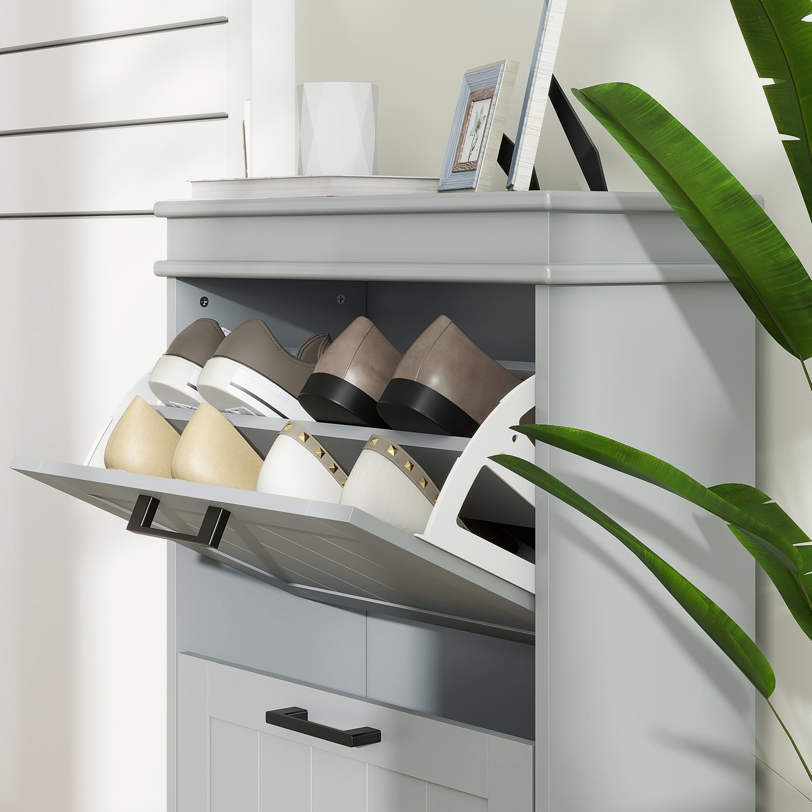 HOMCOM Two-Drawer Minimalistic 10-Shoe Cabinet - Grey - Image 9