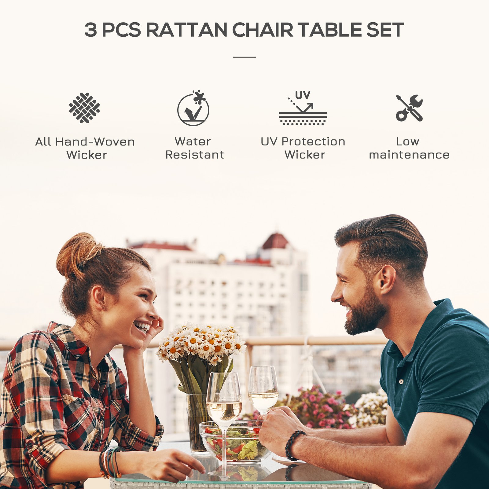 Outsunny 3 Pieces Rattan Bistro Set, Wicker Garden Furniture Set with 2-Tier Coffee Table and Chairs, Washable Cushions, for Outdoor Patio Balcony, Grey - Image 4
