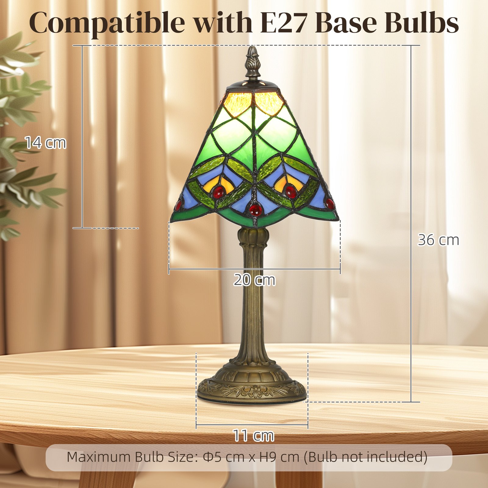 HOMCOM Tiffany-Style Table Lamp with Geometric Patterns, Handcrafted Antique Stained Glass Bedside Lamp for Living Room and Bedroom, E27 Socket, Green - Image 3