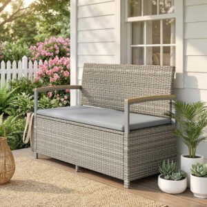 Outsunny 170 L Garden Storage Bench with Zipped Liner, 2 Seater Rattan Garden Bench with Storage, Gas Strut, Cushion, Light Grey
