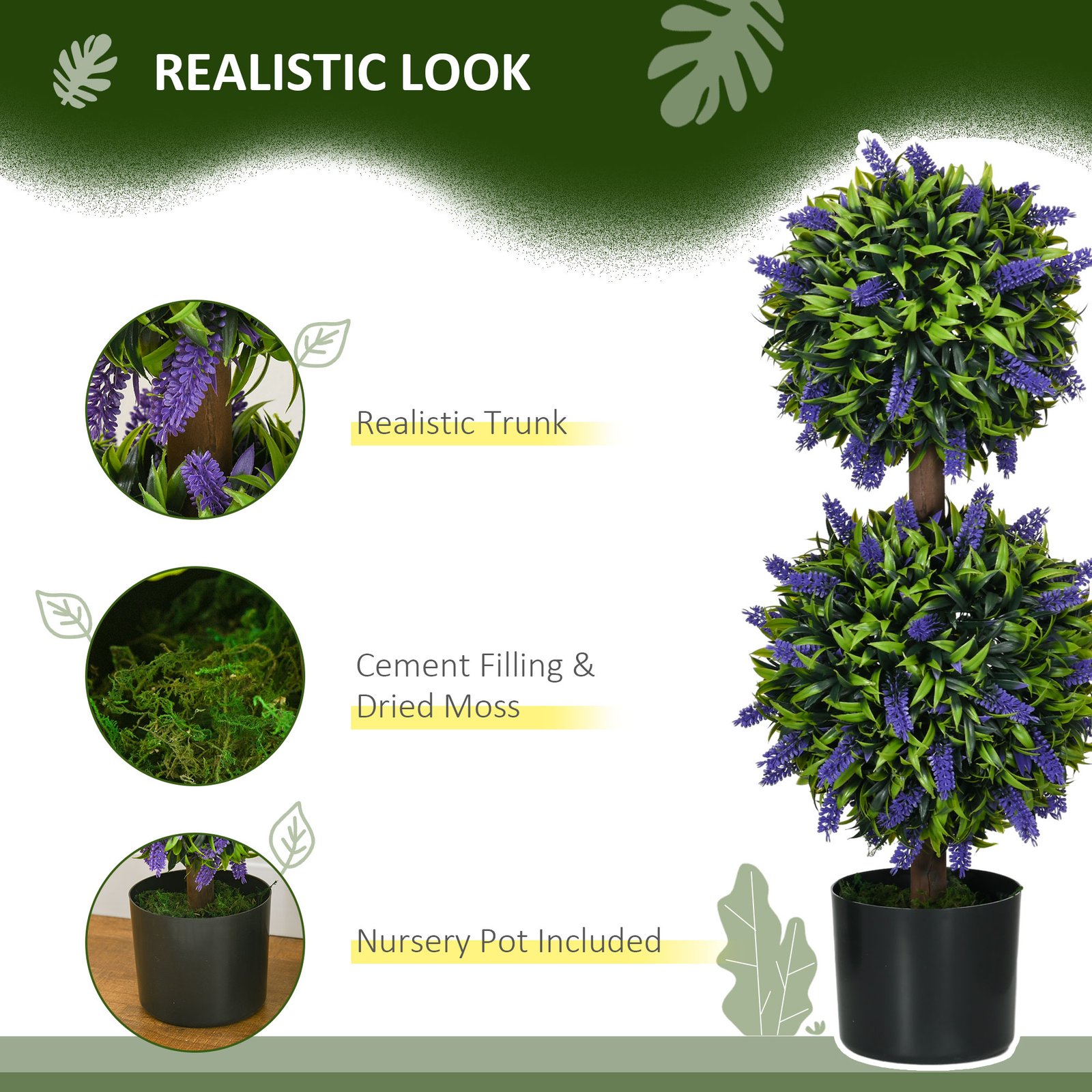 HOMCOM Set of 2 Artificial Plants, Lavender Flowers Ball Trees with Pot, for Home Indoor Outdoor Decor, 70cm - Image 5