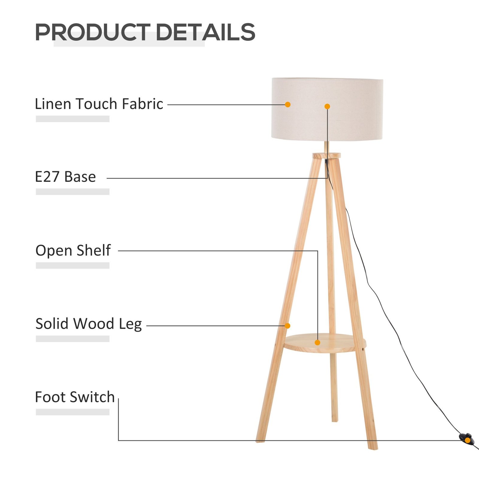 HOMCOM Tripod Floor Lamp, Freestanding Bedside Light Reading Light with Storage Shelf and Linen Shade for Living Room Bedroom, 154cm, Cream - Image 4