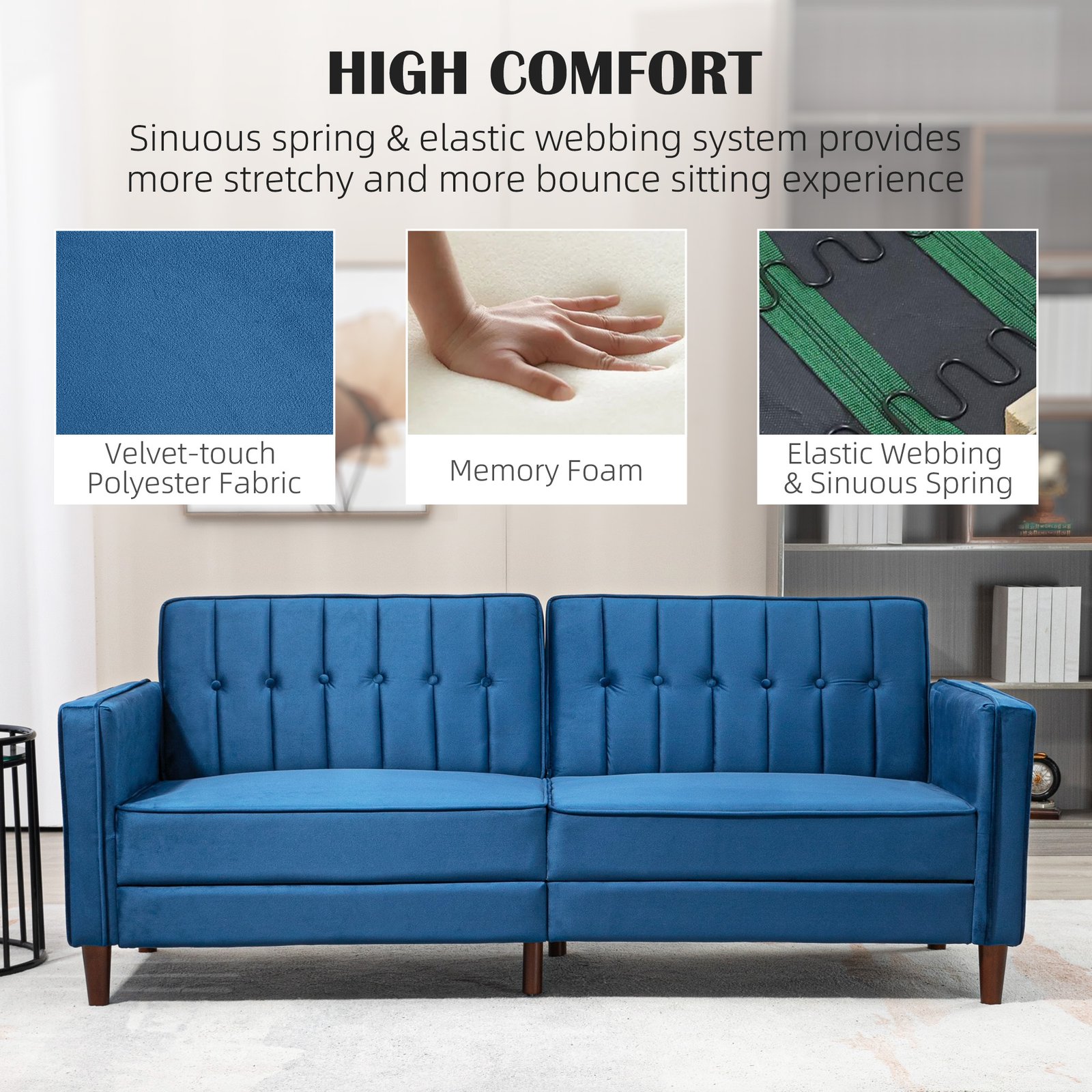 HOMCOM Velvet-Feel Three-Seater Sofa Bed - Blue - Image 6