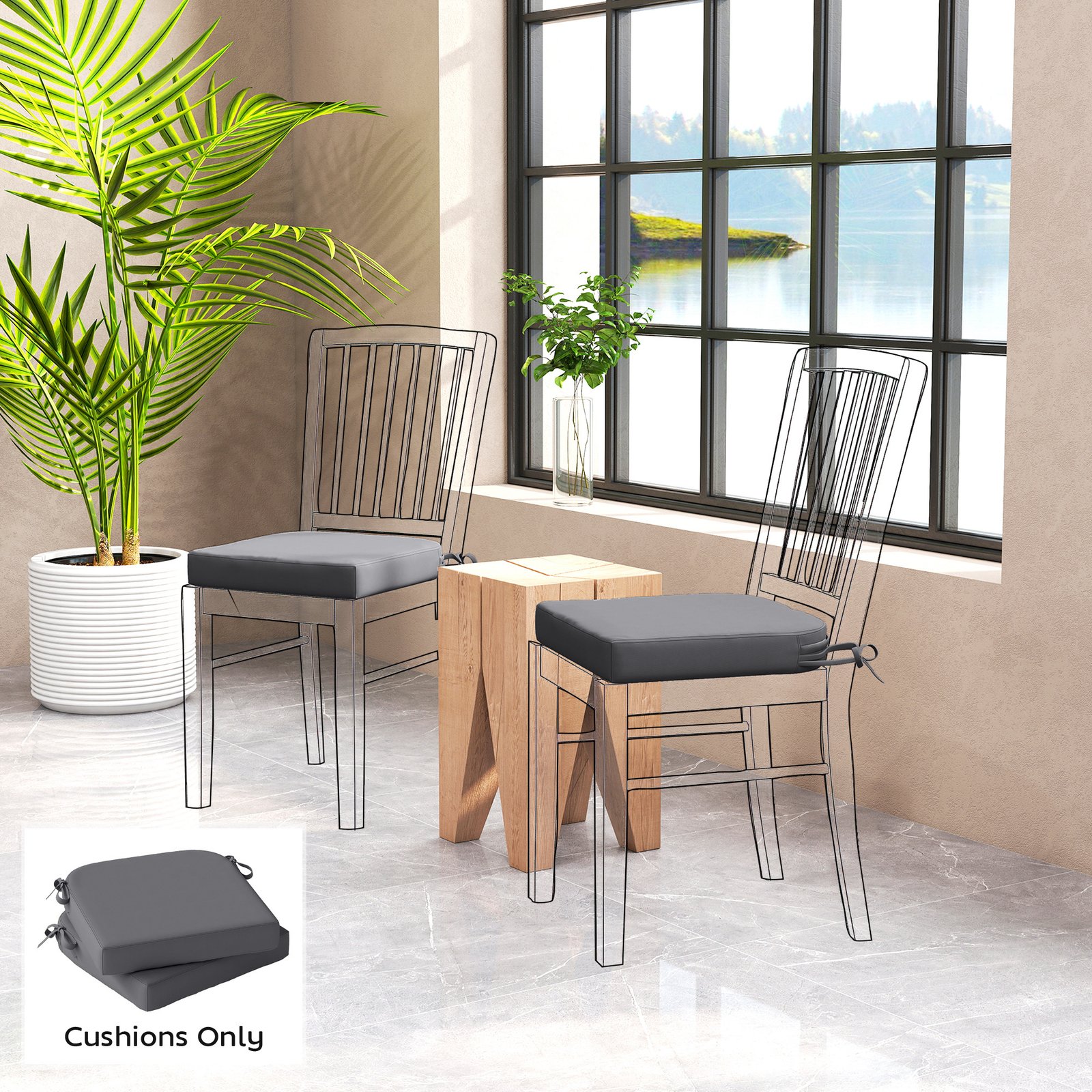 Outsunny Outdoor Chair Seat Cushions Set of 2, Garden Chair Cushions with 7cm Thick Foam & Ties, Dark Grey - Image 2