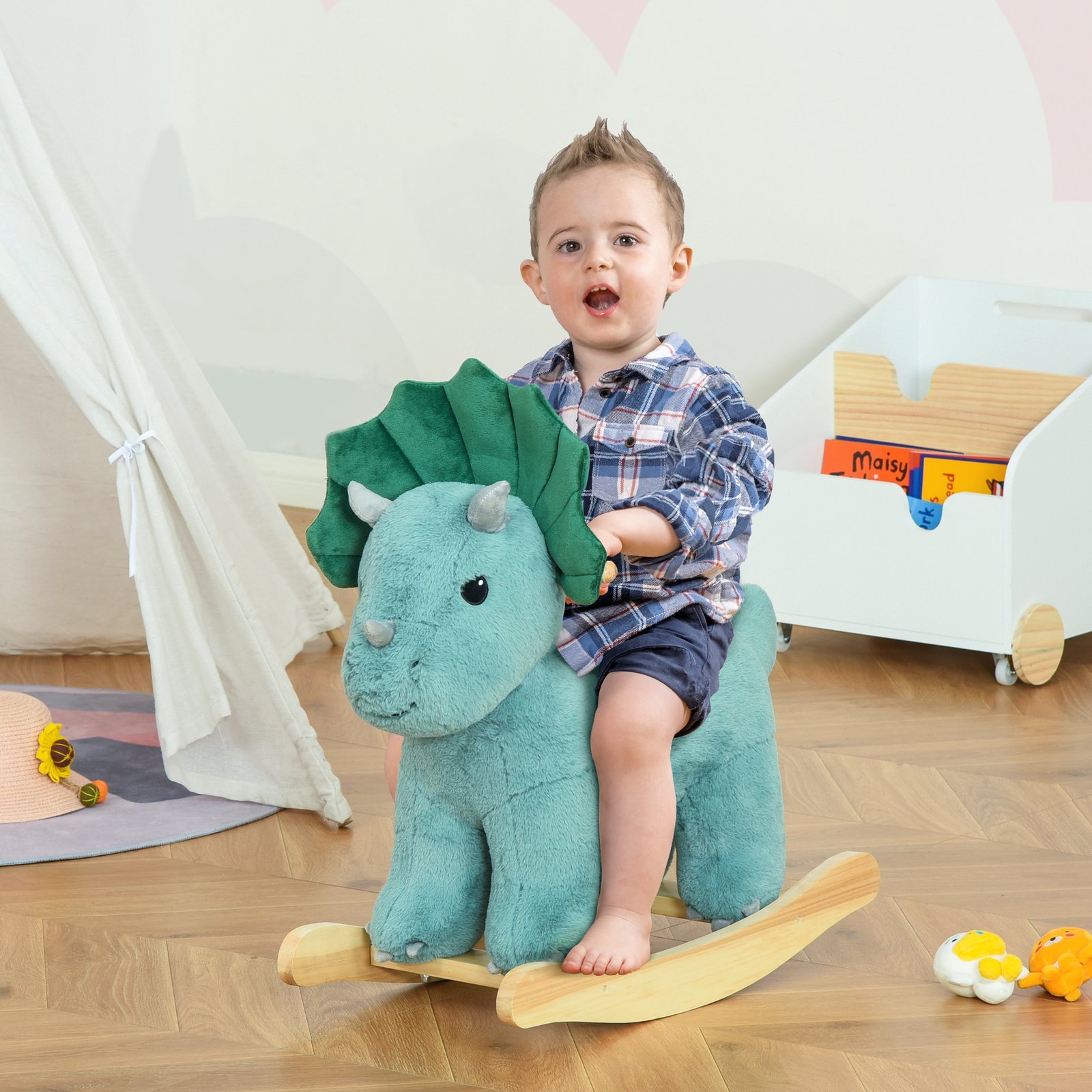 HOMCOM Plush Ride-On Rocking Dinosaur, with Sound - Green - Image 2