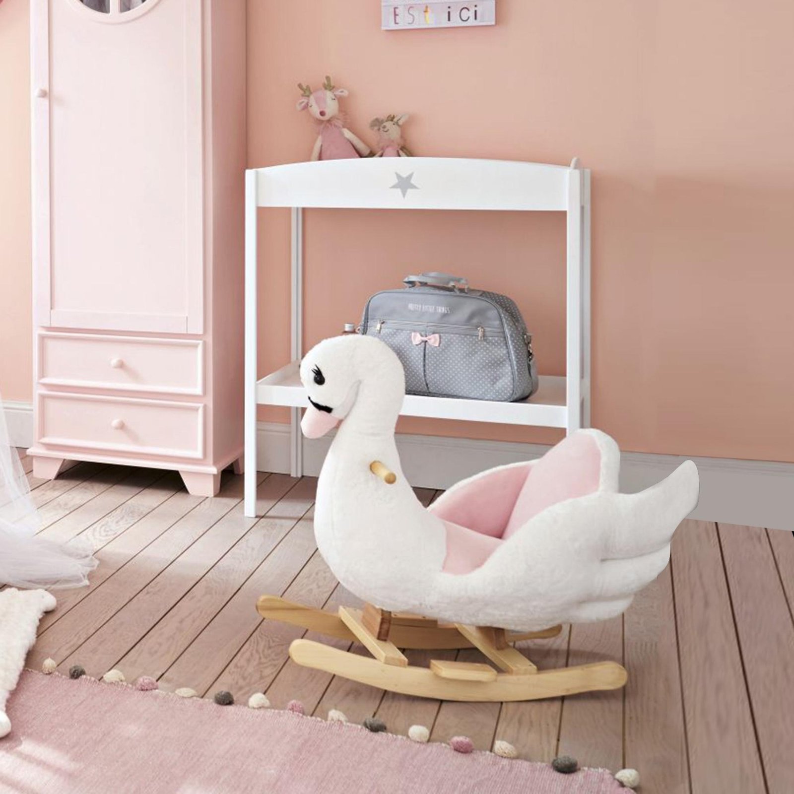 HOMCOM Kids Rocking Horse Plush Ride On Swan Toy w/ Safety Seat for Toddler 18 Months +, White and Pink - Image 2