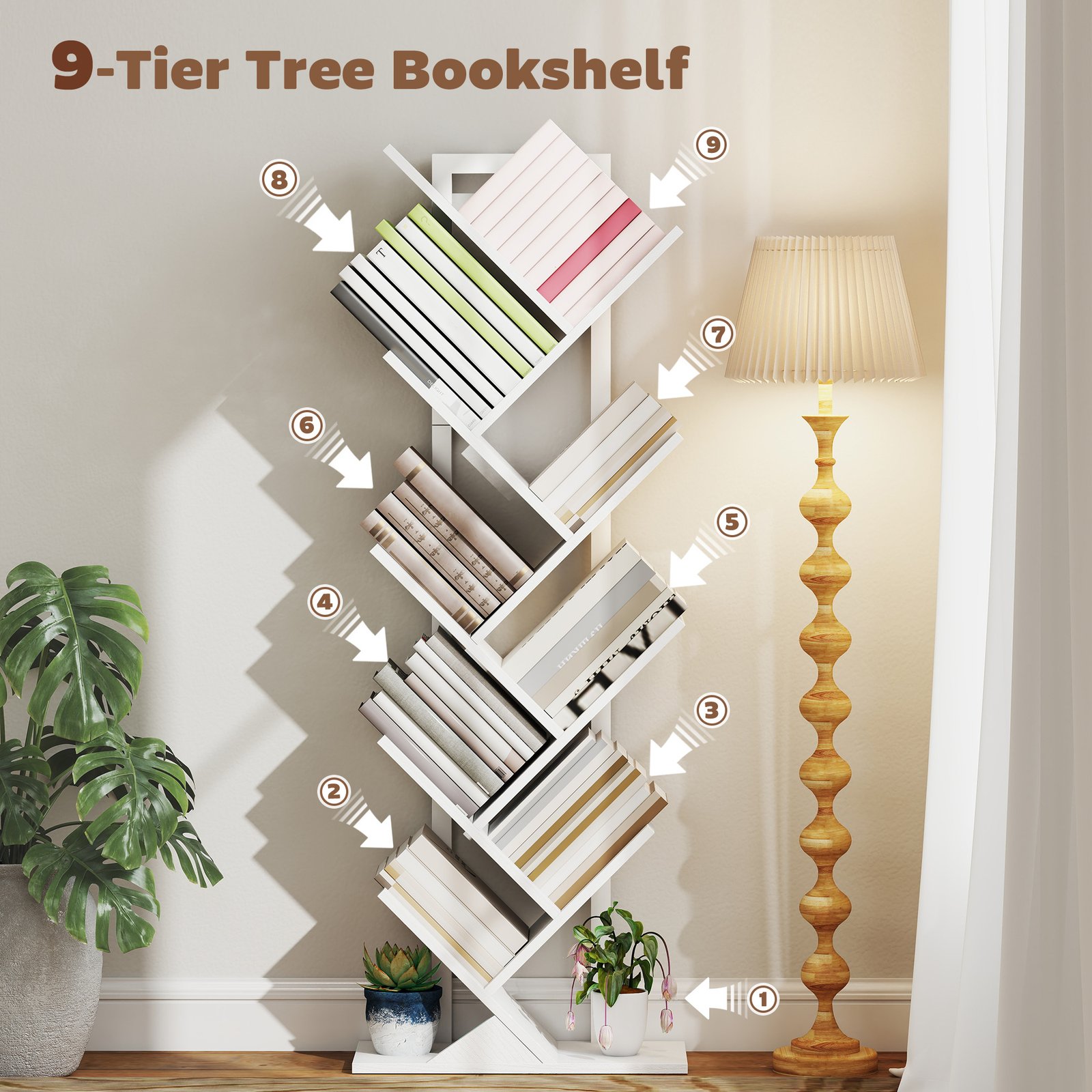 HOMCOM 9-Tier Tree Bookshelf, Industrial Free Standing Bookcase with Steel Frame, Display Storage White - Image 4