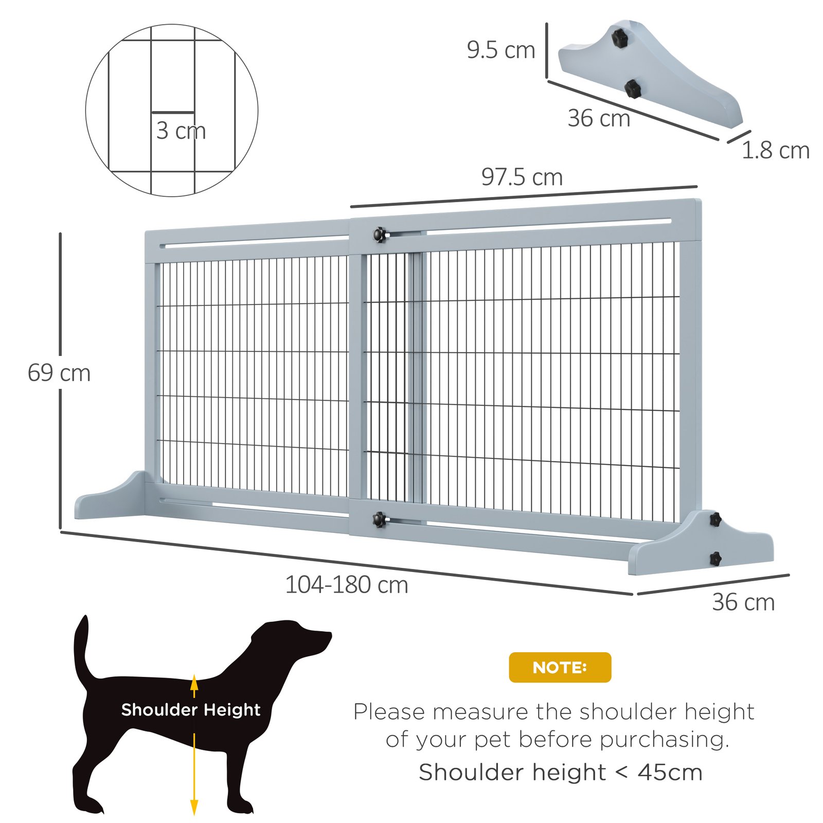 PawHut Freestanding Dog Gate, Foldable Pet Fence, Indoor Wood Barrier, Stair Gate with Support Feet, for Doorway, Hallway, Small and Medium Dogs, 69H x 104-180 cm, Blue-grey - Image 3