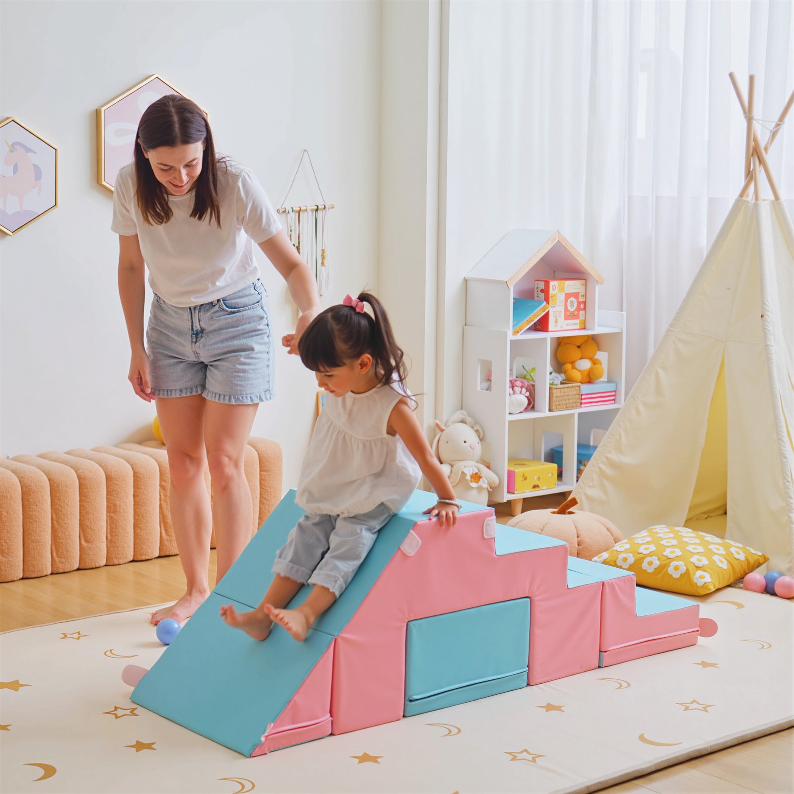HOMCOM 2-piece Soft Play Set, Baby Foam Climber Block for Toddler 1-3 Years, Pink Blue - Image 2