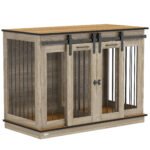 PawHut Dog Crate Furniture for Large Dogs, Double Dog Cage for Small Dogs, with Sliding Doors – Oak Tone