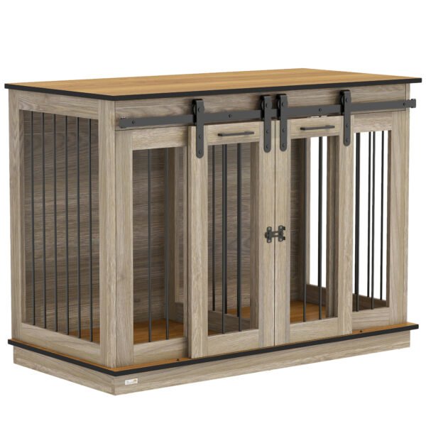 PawHut Dog Crate Furniture for Large Dogs, Double Dog Cage for Small Dogs, with Sliding Doors – Oak Tone