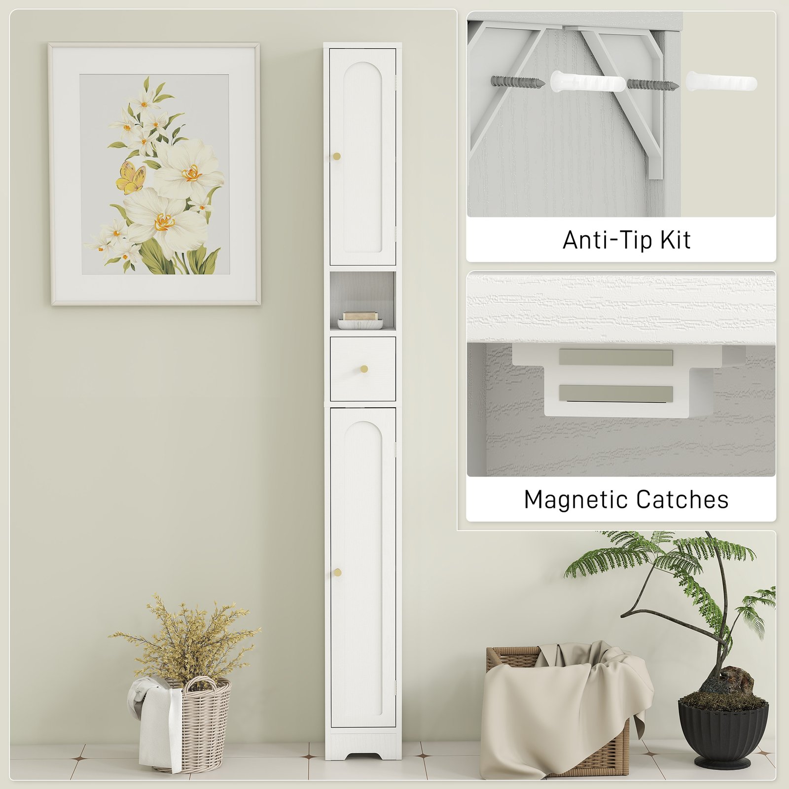 HOMCOM 185 cm Tall Bathroom Cabinet with Arched Doors - White - Image 7