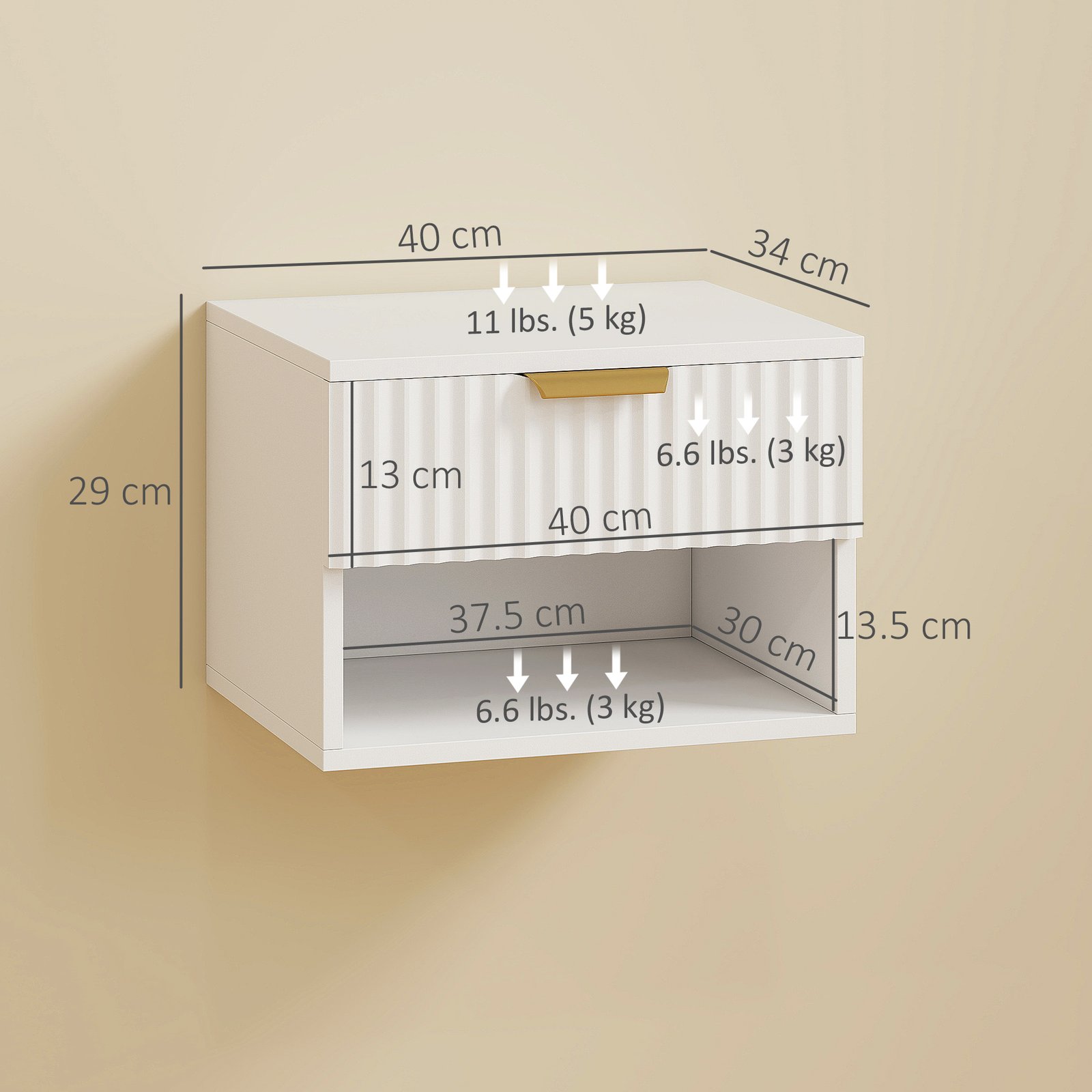 HOMCOM Floating Nightstands Set of 2, Modern Wall Mounted Bedside Tables with Fluted Drawer and Open Shelf for Bedroom, White - Image 3
