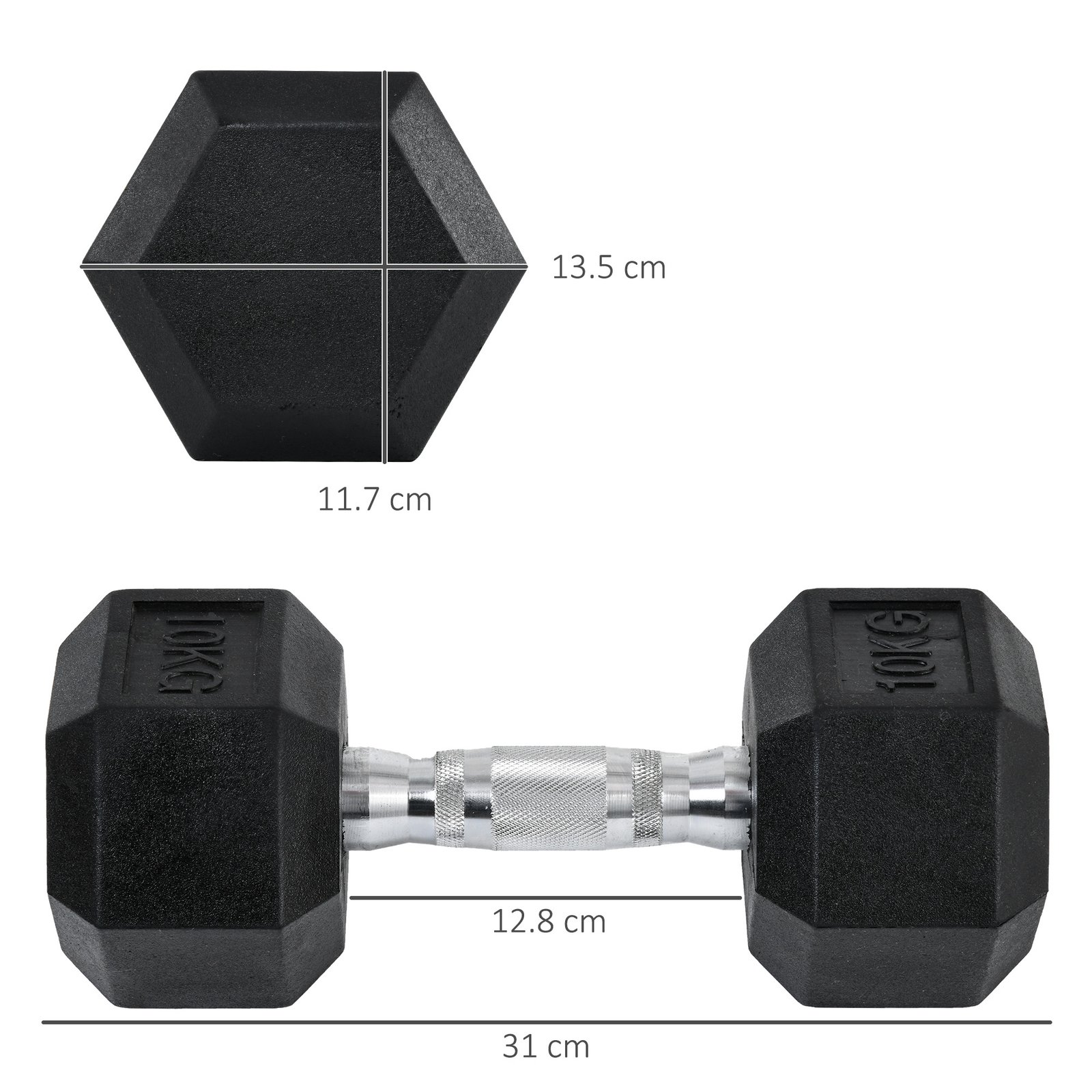 HOMCOM 2x10kg Hex Dumbbells Set Rubber Dumbbells Weight Lifting Equipment Fitness Home Gym - Image 3