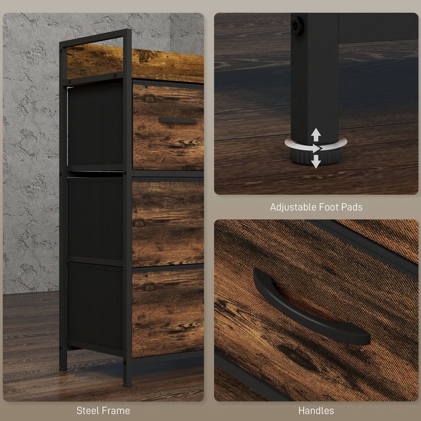 HOMCOM Rustic Chest of Four Fabric Drawers - Rustic Brown - Image 7