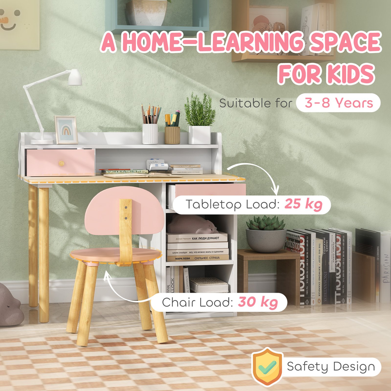 AIYAPLAY 2 Pieces Children Study Table with Hutch, Kids Desk and Chair Set with Storage, Drawer, Shelves, Pink - Image 7