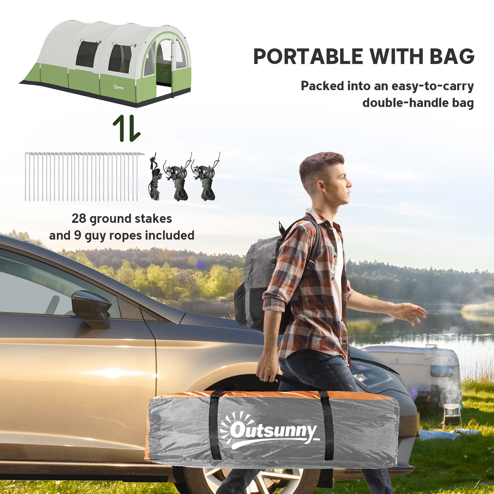 Outsunny 3000mm Waterproof Camping Tent, 5-6 Man Family Tent with Living and Bedroom, Carry Bag Included, Cream and Green - Image 7