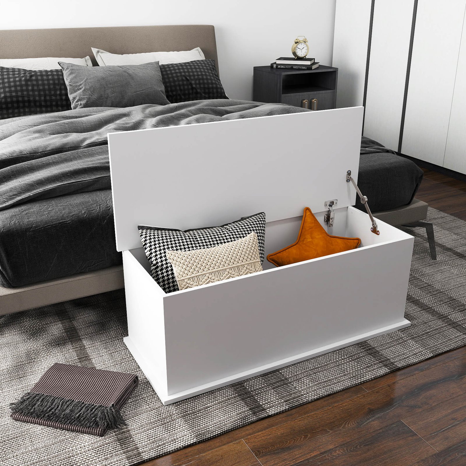 HOMCOM 113L Storage Chest, Storage Box with Flip-Top Lid and 2 Safety Hinges, Storage Trunk for Living Room, Entryway, 100 x 40 x 40 cm, White - Image 2