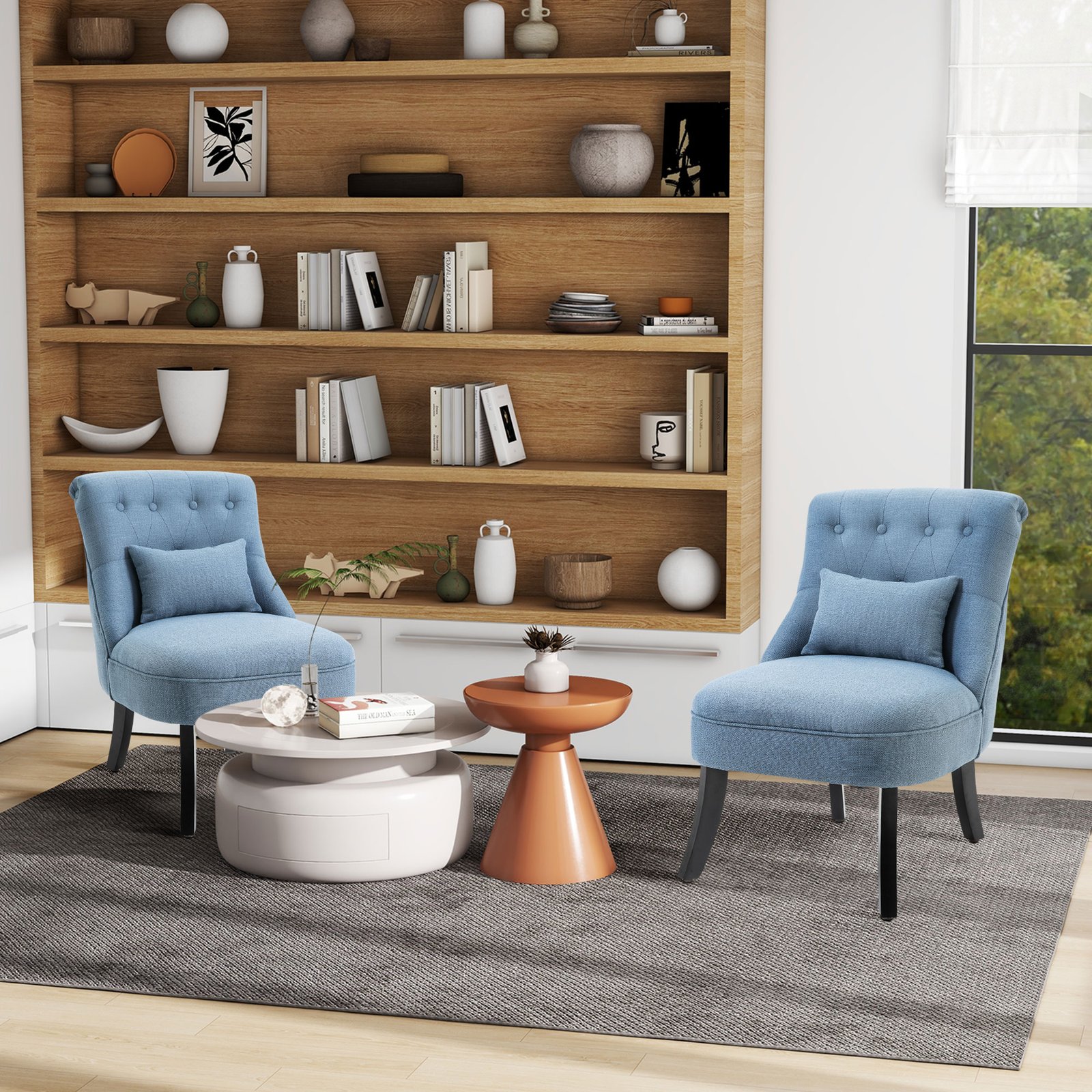 HOMCOM Tub Chair, Armless Single Sofa, Modern Button Tufted Armchair, Upholstered Linen Fabric Longue Accent Chair for Living Room, Bedroom, Set of 2, Blue - Image 2