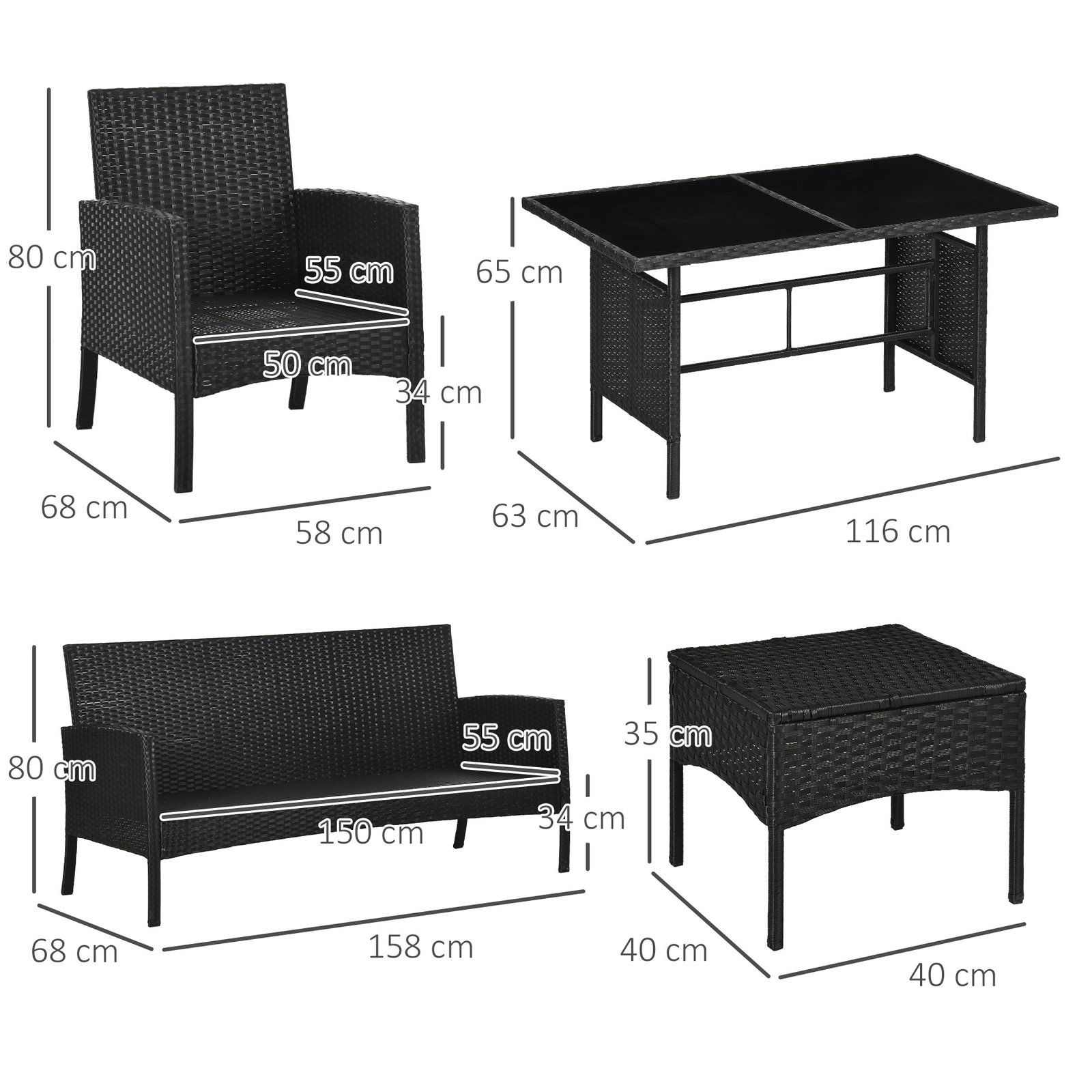 Outsunny 5 Seater Rattan Garden Furniture Set, 6 Piece Garden Sofa Set, Armchairs, 3-Seater Sofa, Footstools, Glass Dining Table, Cushions, Wicker Outdoor Furniture for Conservatory Patio, Cream - Image 3