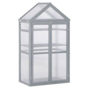 Outsunny Garden Cold Frame Polycarbonate Greenhouse with Adjustable Shelves, Double Doors, Openable Top Covers, Grow House for Flower Vegetable Plants, 80 x 47 x 138cm, Grey