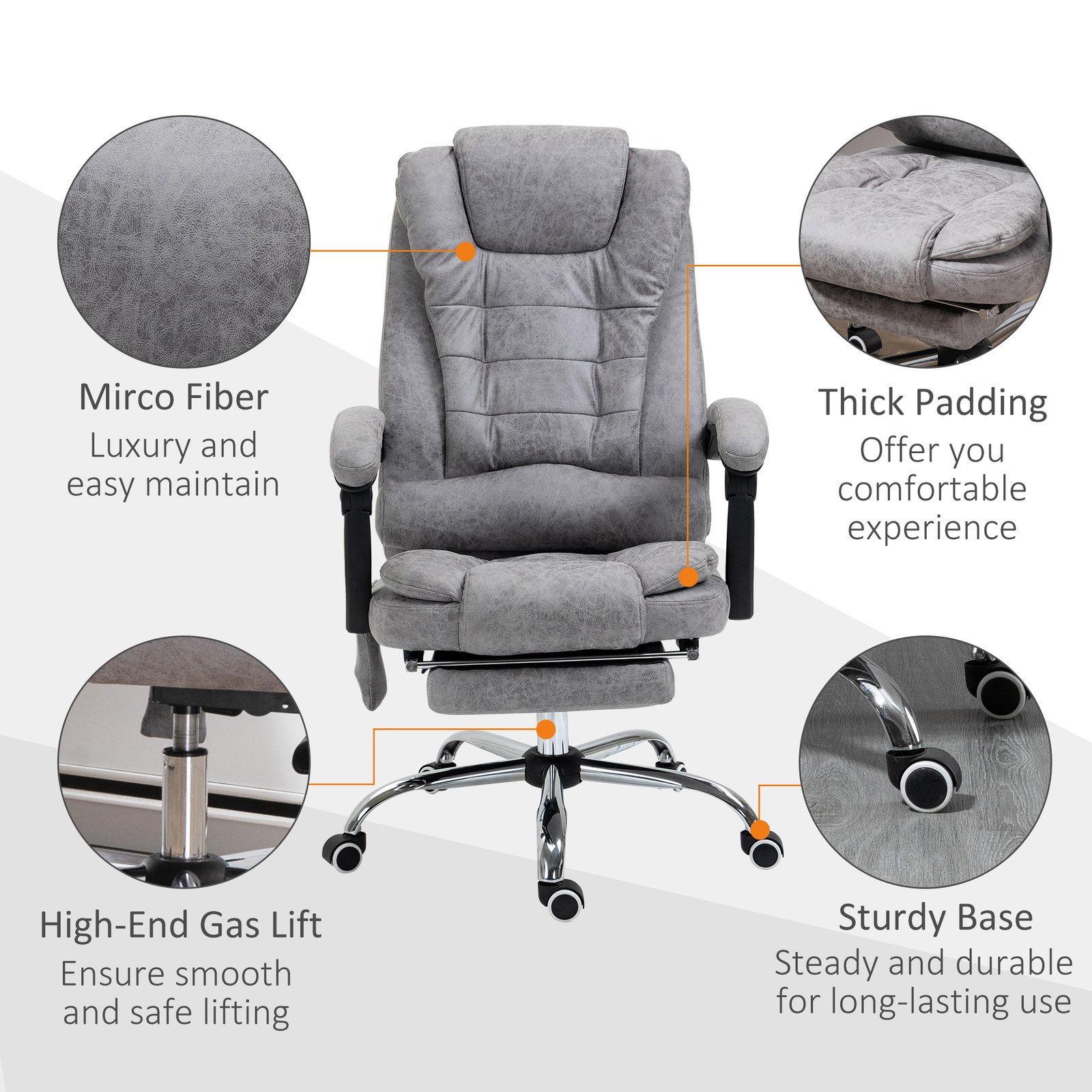Vinsetto Heated 6 Points Vibration Massage Executive Office Chair Adjustable Swivel Ergonomic High Back Desk Chair Recliner with Footrest Grey - Image 8