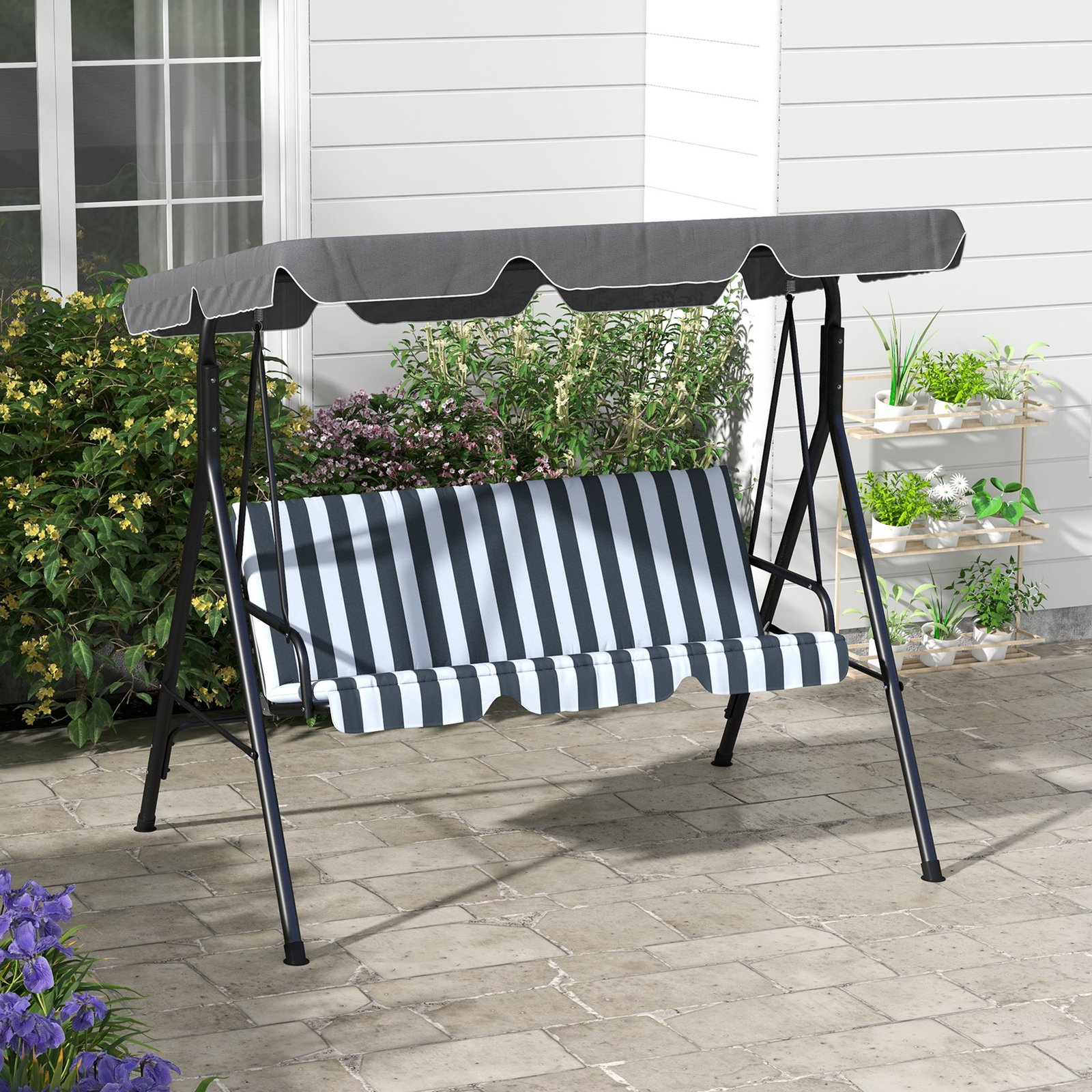 Outsunny 3 Seater Garden Swing Chair, Outdoor Swing Chair with Adjustable Canopy, Mental Frame & Cushions, Grey - Image 2