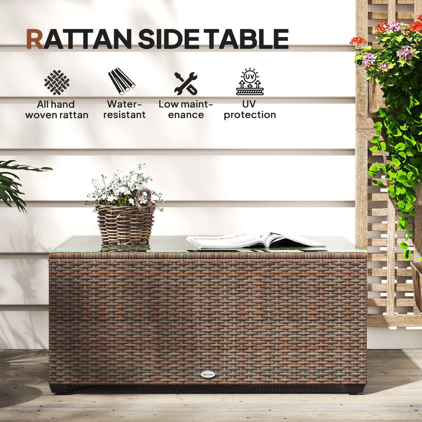 Outsunny 90 x 50cm Glass-Top Rattan Side Table - Brown - Image 4
