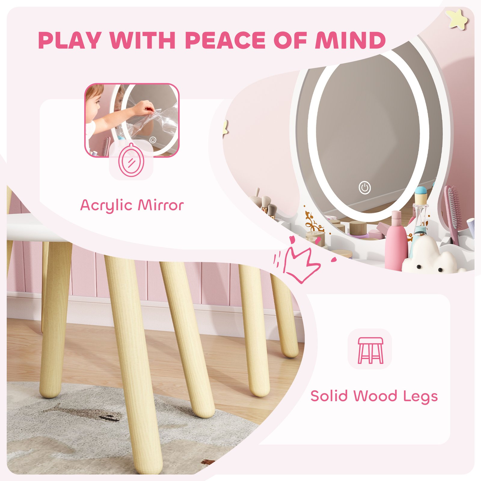 AIYAPLAY Kids Vanity Table and Chair Set with 3-Colour LED Lights Mirror, Drawer, Storage Boxes, for 3+ Years, White - Image 7