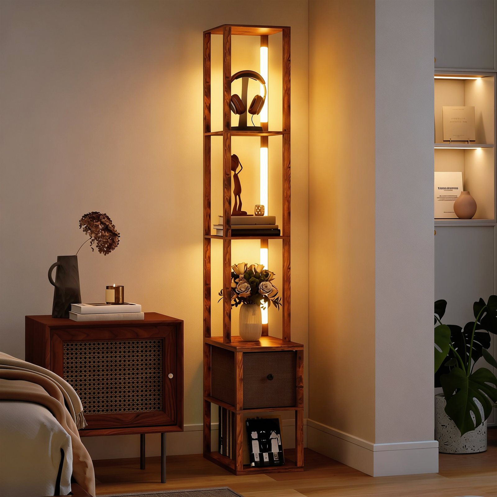 HOMCOM Floor Lamp with Shelves, LED Column Modern Standing Lamp with Fabric Drawer, Adjustable Brightness, Foot Switch for Living Room, Bedroom, Office, Rustic Brown - Image 2
