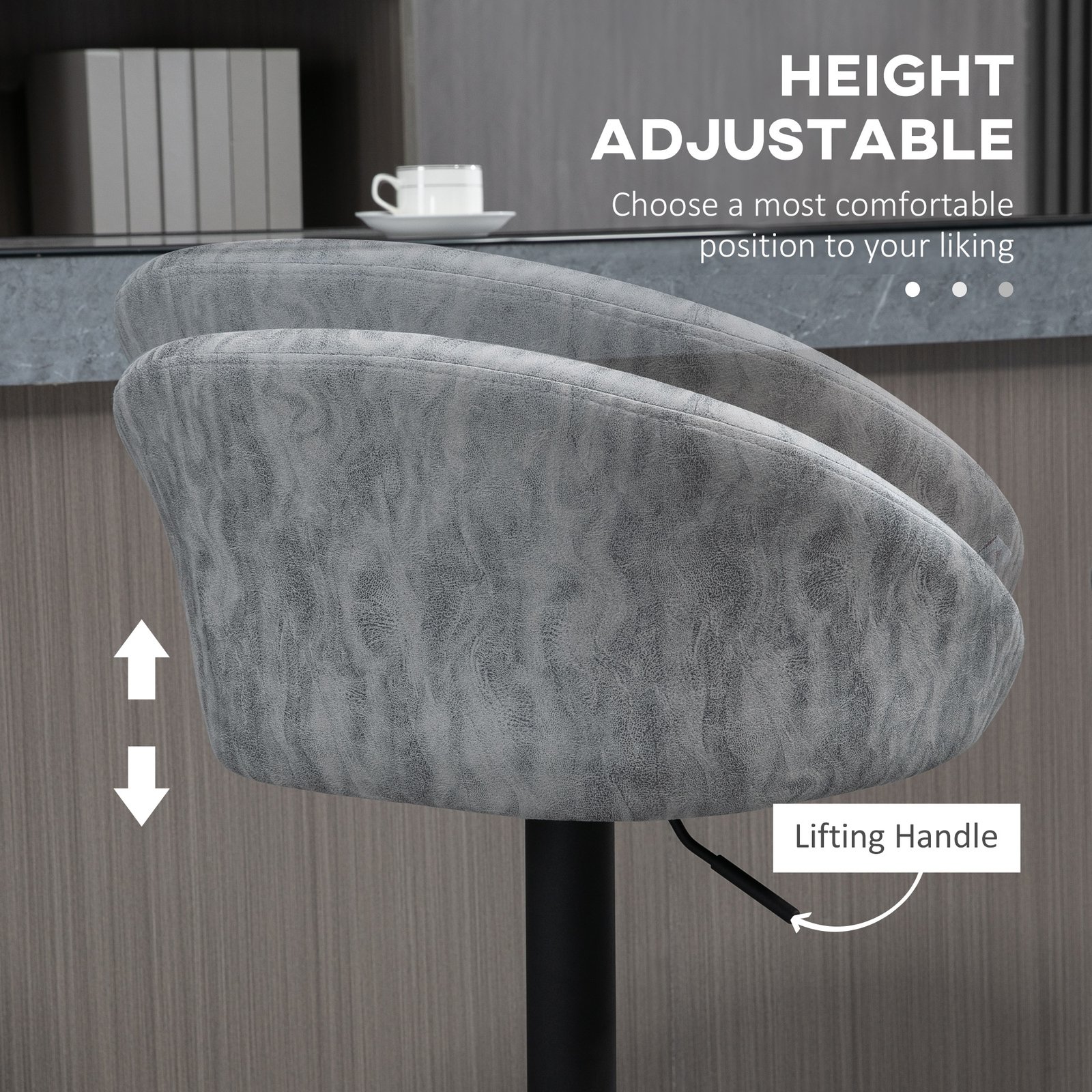 HOMCOM Modern Bar Stools Set of 2, Height Adjustable Swivel Barstools, PU Leather Upholstered Bar Chair with Backrest, Armrests and Footrest for Breakfast Bar, Counter, Kitchen, Light Grey - Image 5
