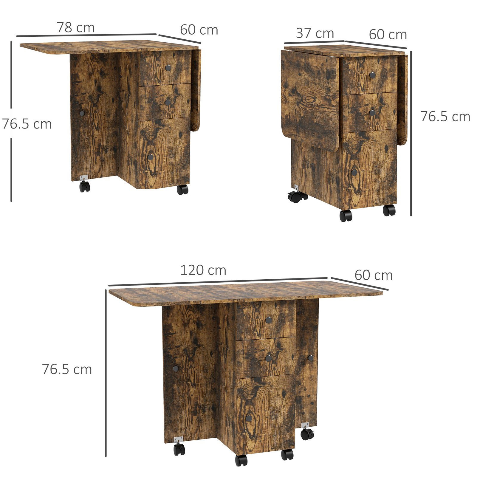 HOMCOM Multi-Storage Six-Person Drop Leaf Dining Table - Rustic Brown - Image 3
