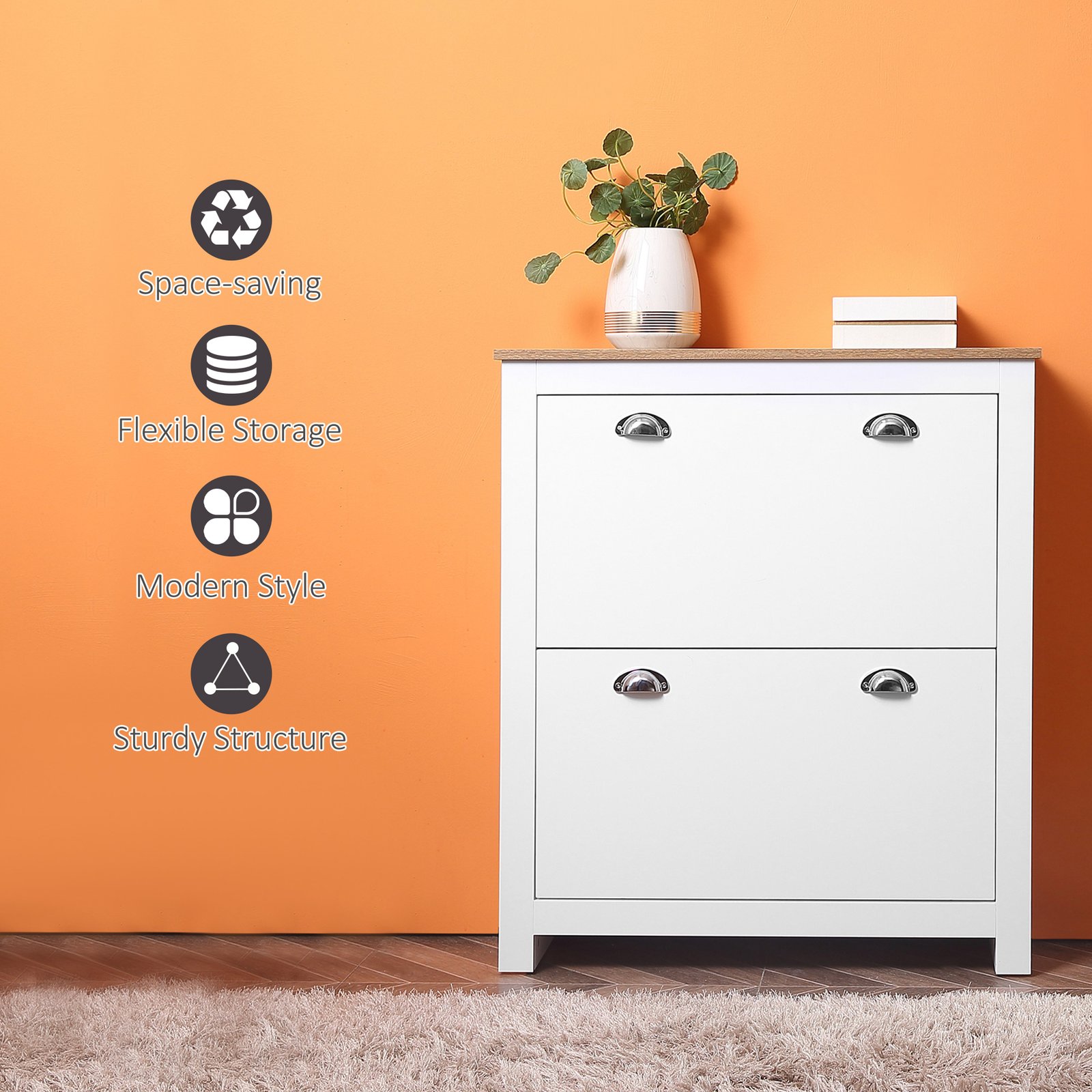 HOMCOM 2 Drawer Shoe Cabinet Modern Narrow Shoe Cupboard Hallway Wooden Storage Organiser with Flip Doors Adjustable Shelf for 6-12 Pairs, White - Image 7