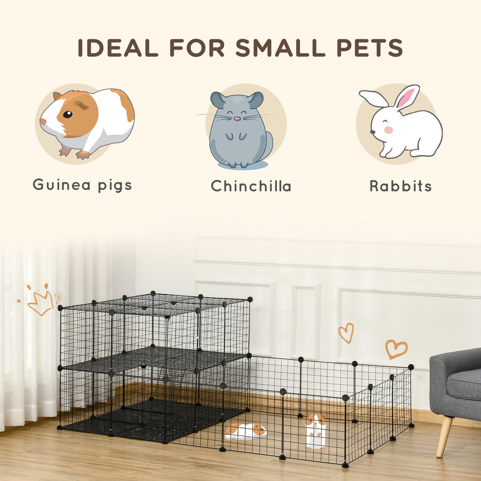 PawHut Pet Playpen with Door, Guinea Pigs Metal Mesh Cage for Small Animal, Chinchilla, 175 x 105 x 70 CM, Black - Image 4