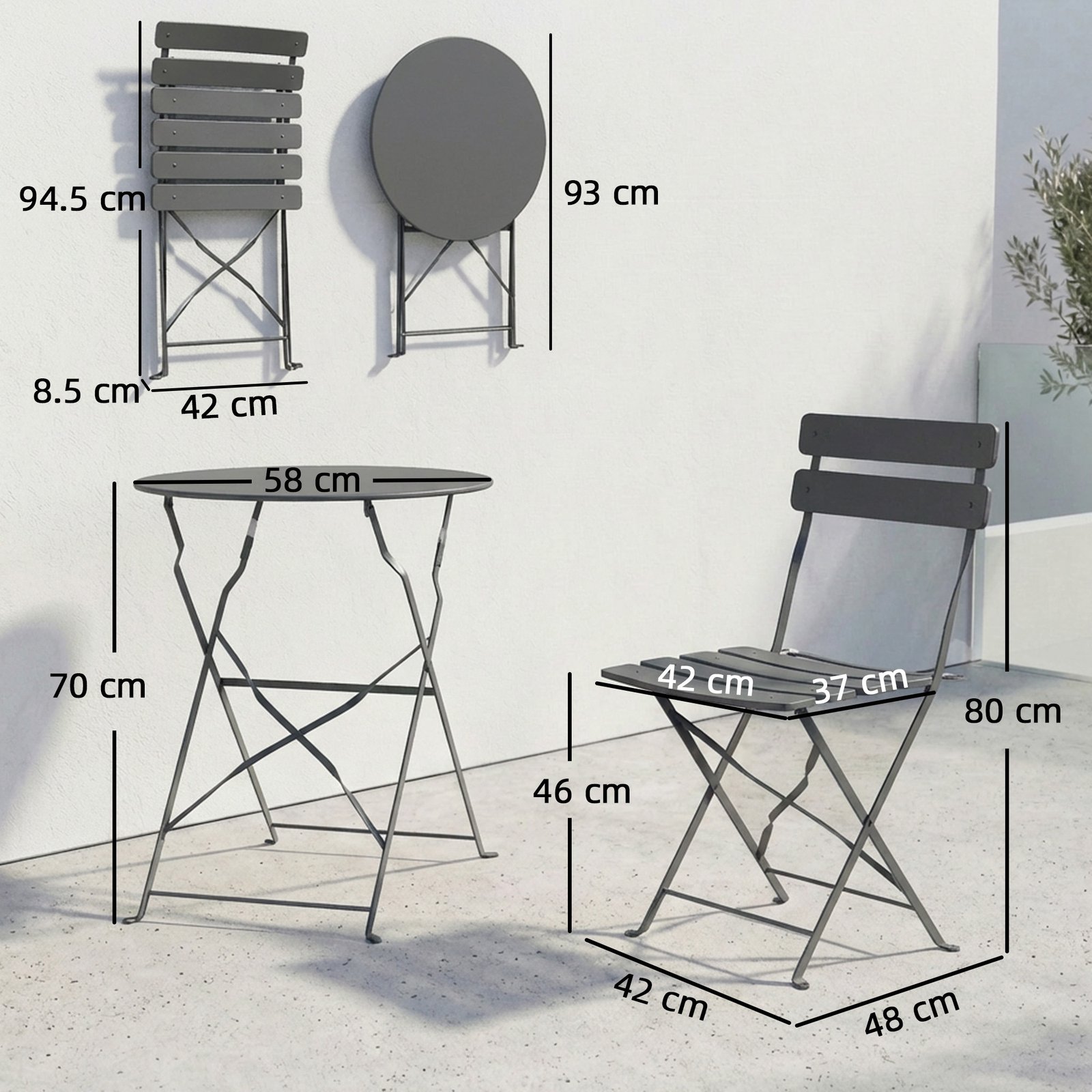 Outsunny Folding Garden Bistro Set, Outdoor Round Bistro Table and Chairs Set 2 with Electrophoresis Metal Frame, Grey - Image 3