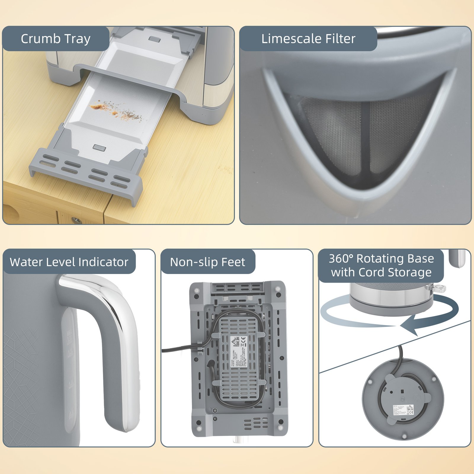 HOMCOM Sleek Textured Kettle and Toaster Set - Grey - Image 9