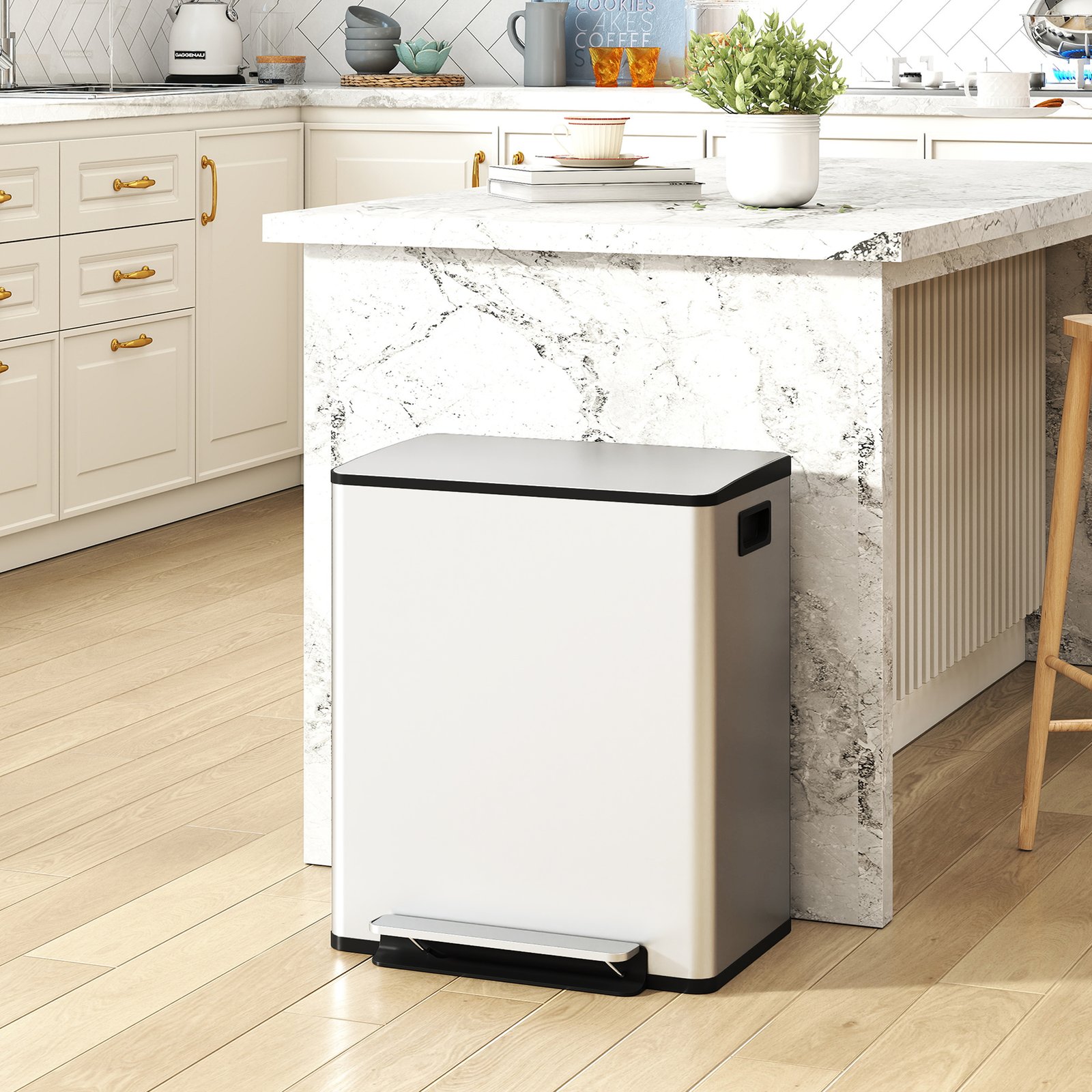 HOMCOM 50L Dual Compartment Stainless Steel Bin, with Deodoriser Holders - Silver - Image 2