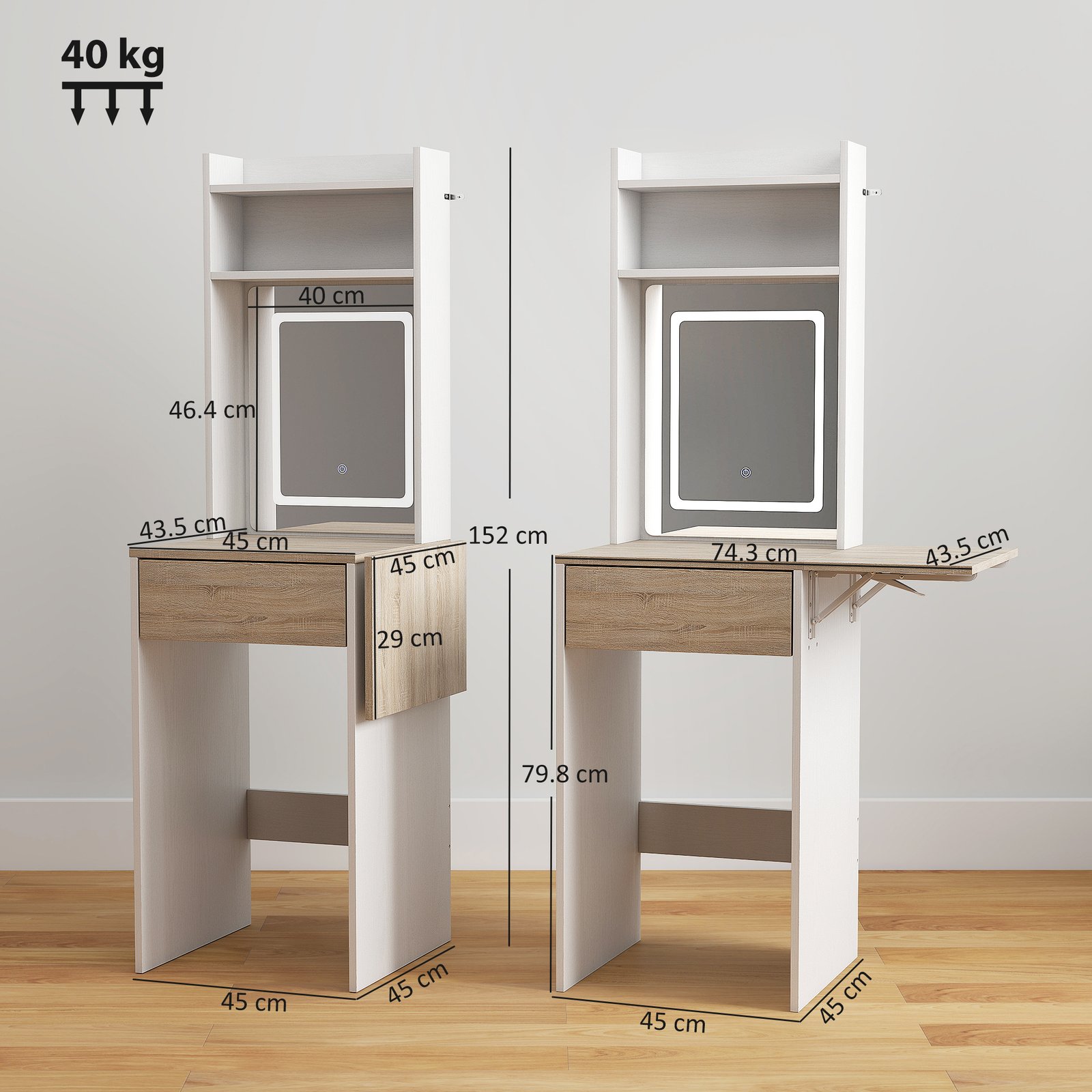 HOMCOM Small Vanity Desk with Mirror and LED Lights, Compact Dressing Table with Drop Leaf, Open Shelves and Drawer, White - Image 3