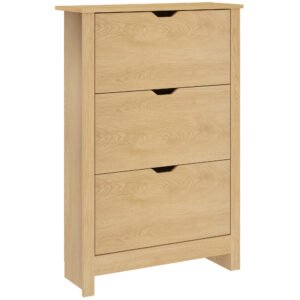 HOMCOM Slim Shoe Cabinet, Narrow Shoe Cupboard with 3 Drawers, Adjustable Shelves for 18 Pairs of Shoes, Natural Wood Finish