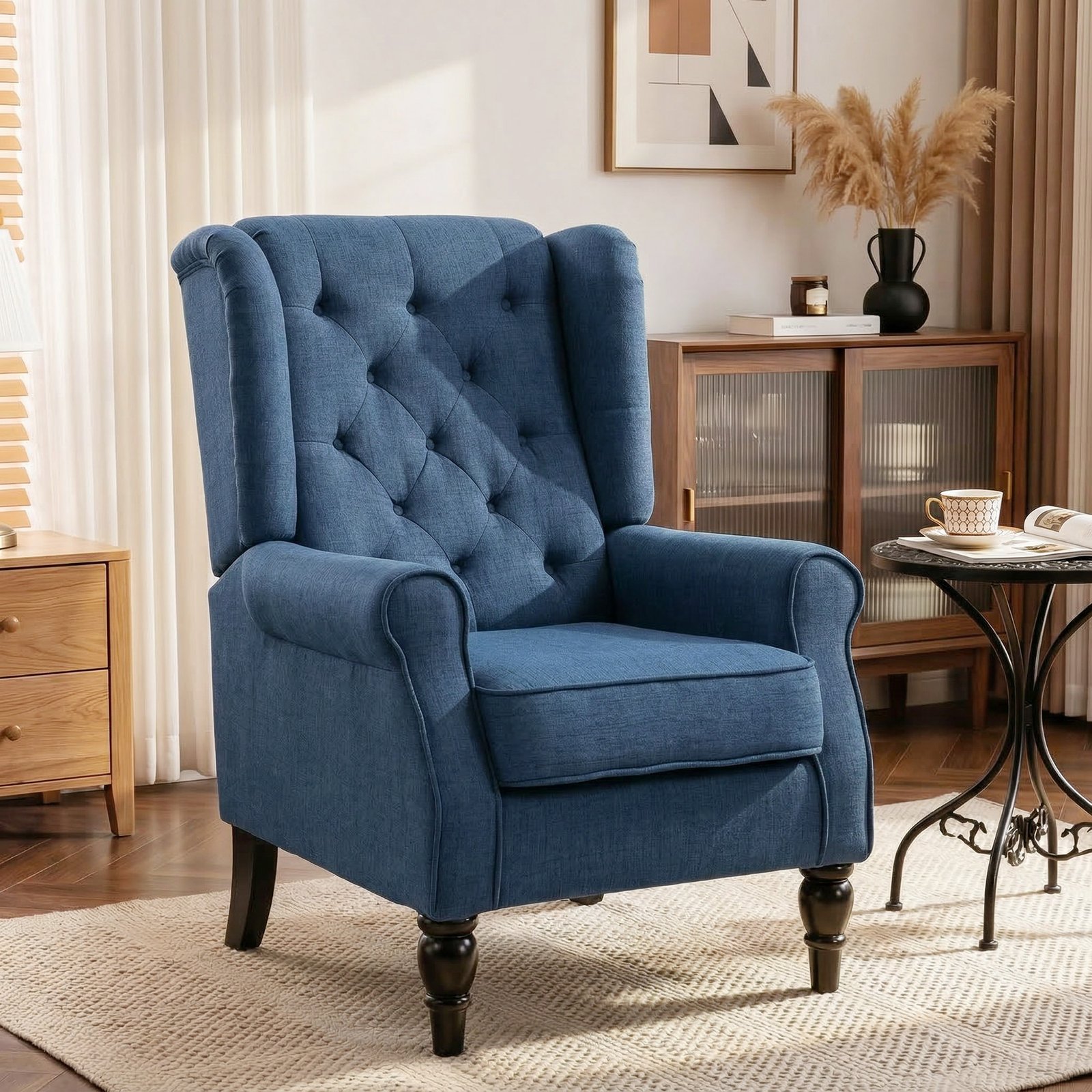 HOMCOM Wingback Accent Chair, Retro Upholstered Button Tufted Occasional Chair for Living Room and Bedroom, Blue - Image 2
