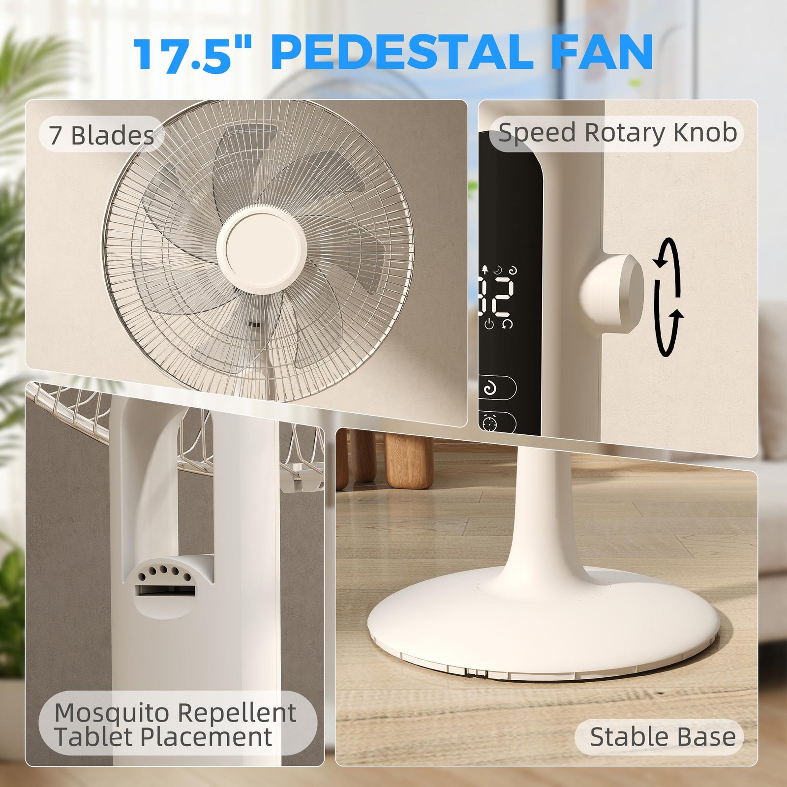 HOMCOM Three Mode Pedestal Fan, with Insect Repellant Box and LED Panel - White - Image 9