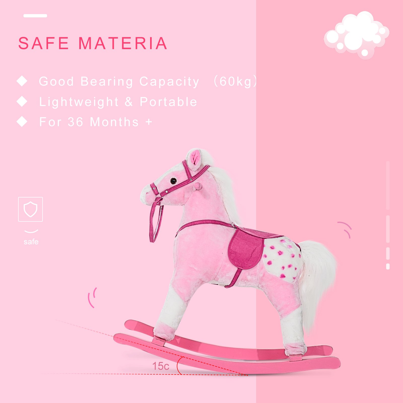 HOMCOM Baby Rocking Horse Plush Ride on Animals Rocker with Sound Handle Grip for Kids 3-6 Years - Pink - Image 4