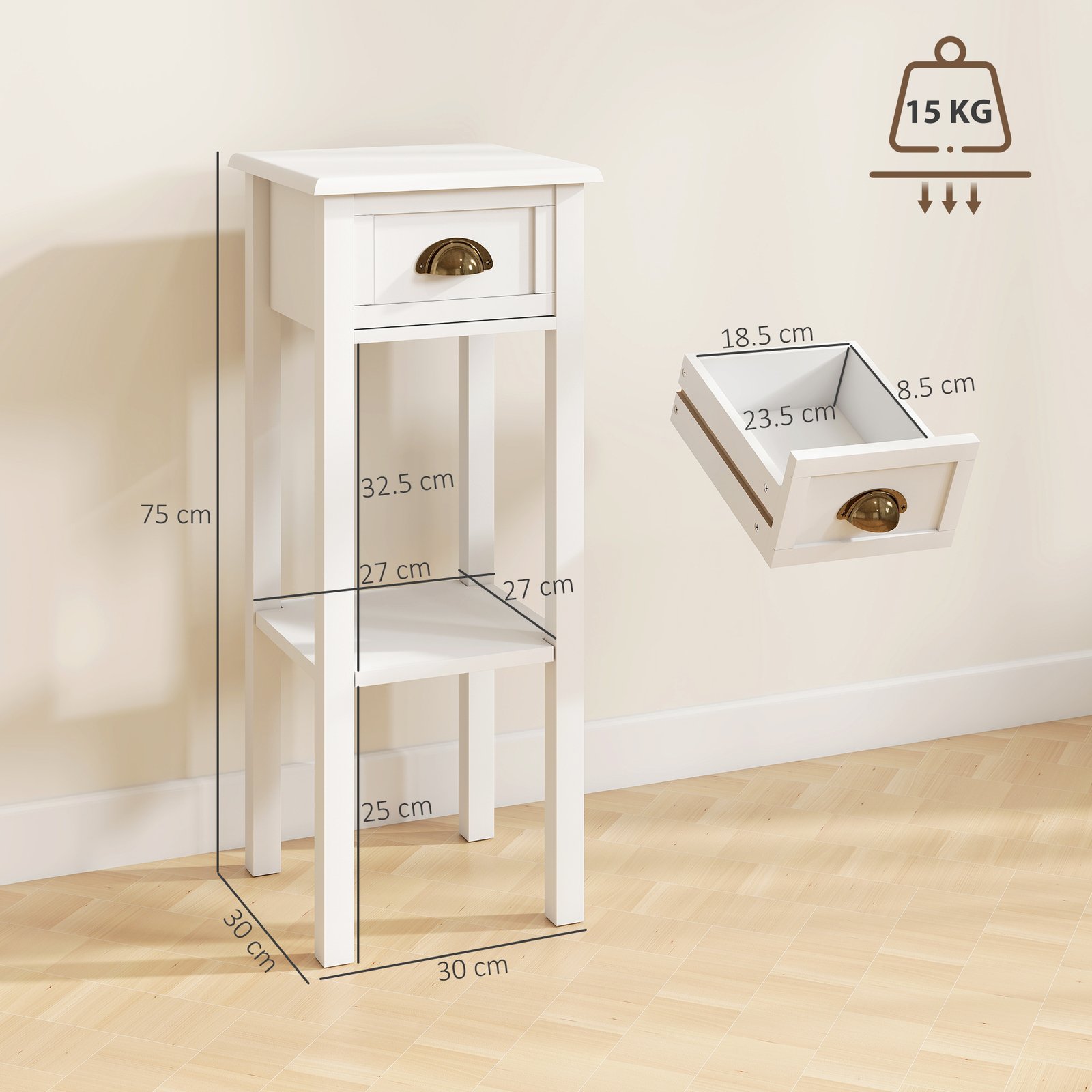 HOMCOM 2-Tier Side Tables Set of 2 with Drawer and Shelf, 2 Pieces Bedside Tables for Living Room and Hallway, White - Image 3