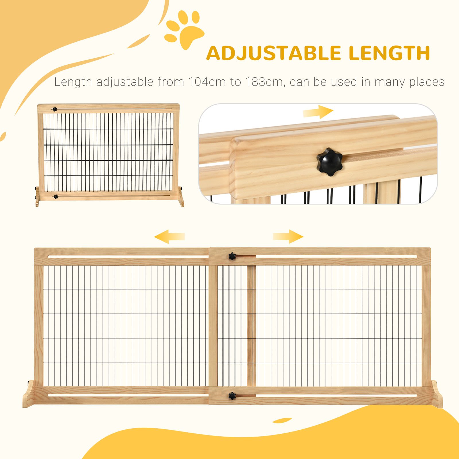 PawHut Freestanding Dog Gate, Foldable Pet Fence, Indoor Wood Barrier, Stair Gate with Support Feet, for Doorway, Hallway, Small and Medium Dogs, 69H x 104-180 cm, Natural Wood Finish - Image 4